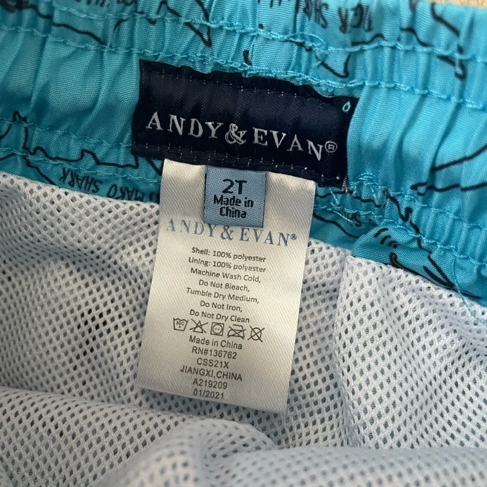 Andy & Evan 2T Shark Print Swim Trunks - Aqua